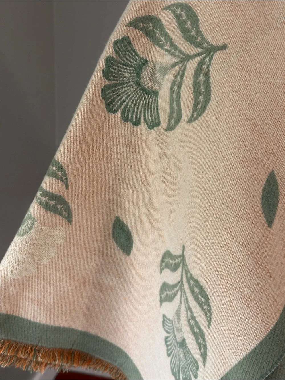 Large Beige Shawl Scarf with Sage Floral Jacquard Comfy Finge